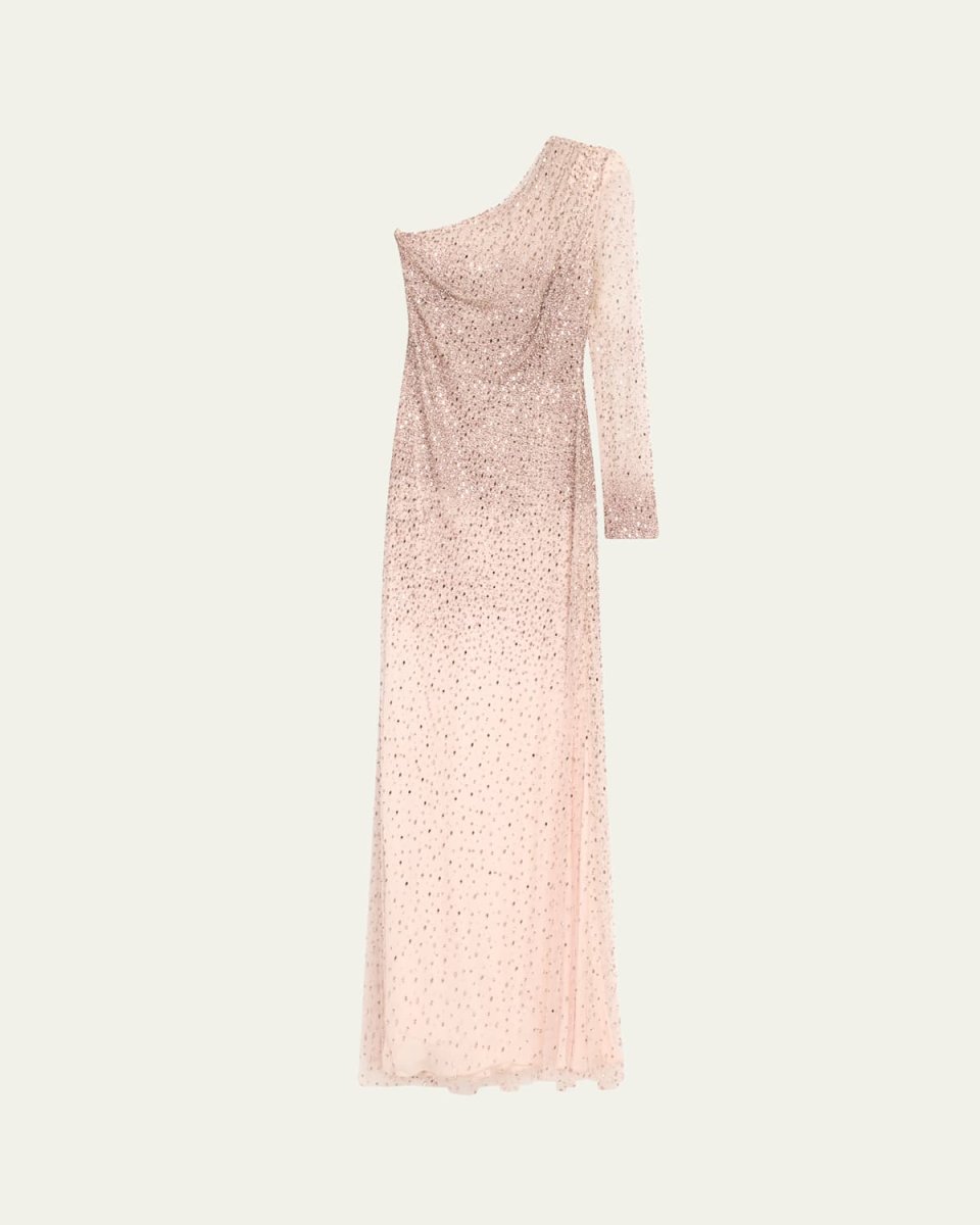 Ombre Crystal Beaded One-Shoulder Gown